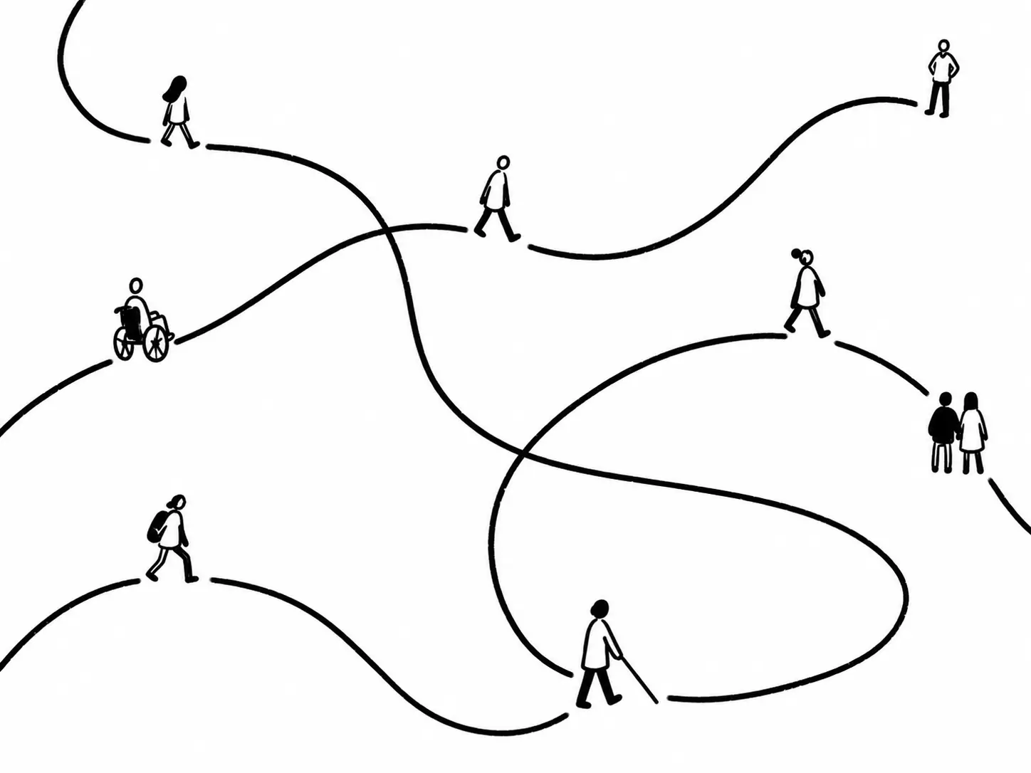 Minimalist black-and-white illustration of diverse people, including a wheelchair user and a person with a white cane, following separate winding paths that cross and curve across a white background.