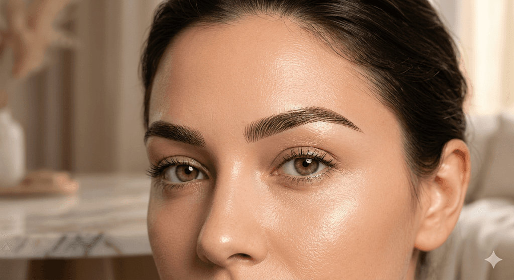 A striking macro beauty portrait of a person's upper face, focusing on hyper-realistic, flawlessly microbladed eyebrows. The brow hairs look perfectly defined, sharp, elegant, and perfectly symmetrical with a soft, natural arch. Luminous, clean skin texture, warm golden hour studio lighting, luxury beauty commercial aesthetic, 8k resolution, photorealistic.