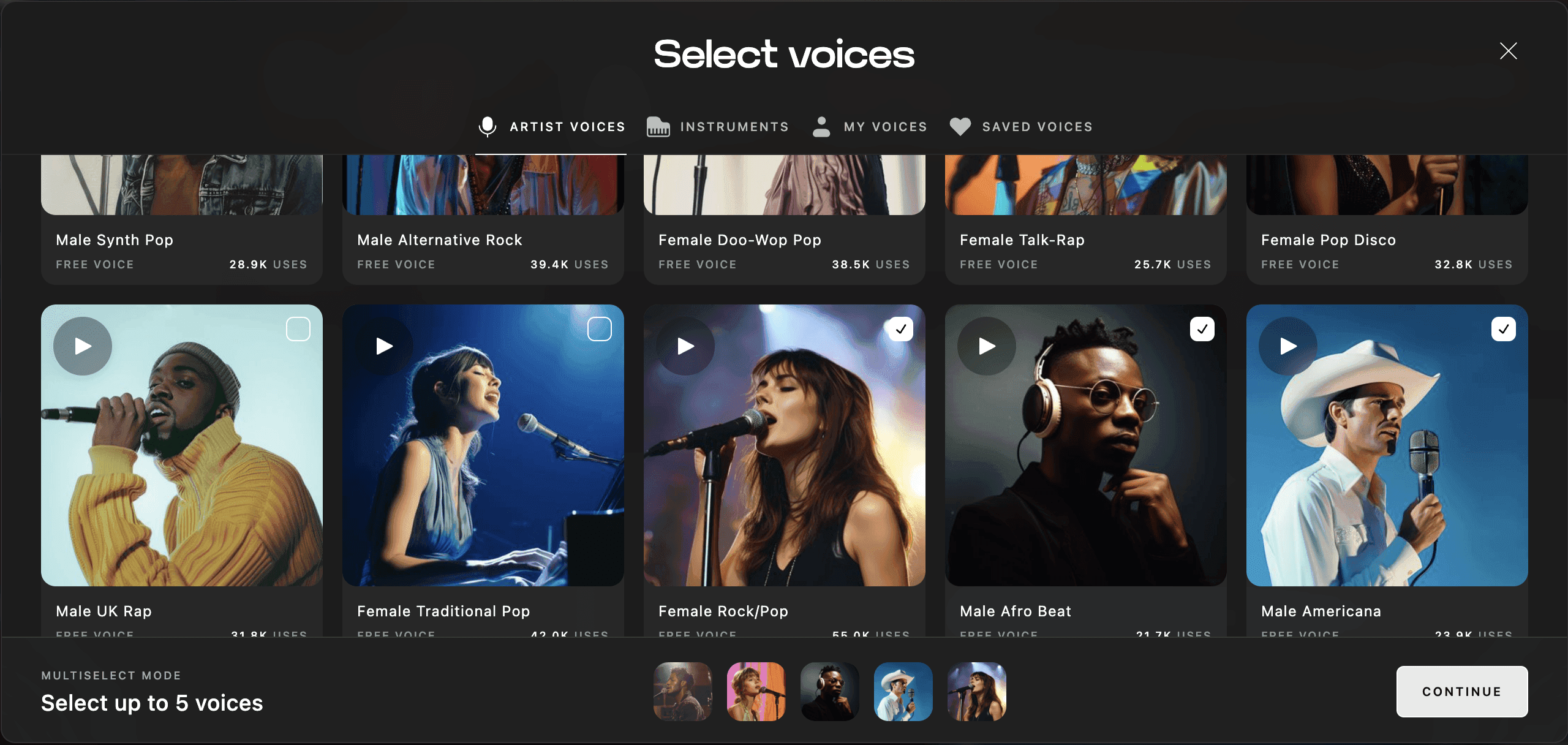 Voice selection page on Kits AI