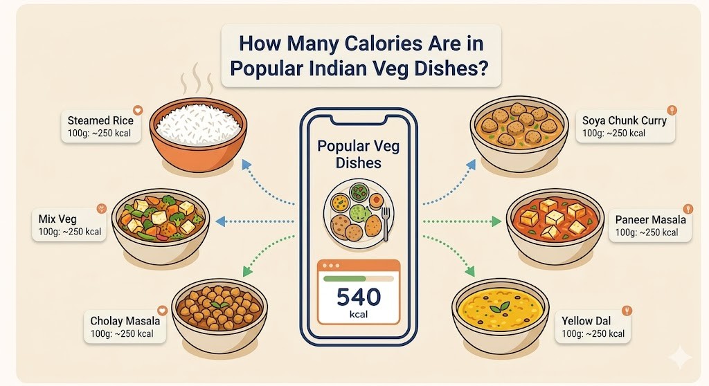 An infographic illustrating 'How Many Calories Are in Popular Indian Veg Dishes?' It features a central smartphone displaying a meal plate and a progress bar with a total of 540 kcal. Six bowls surrounding the phone show specific dishes like Steamed Rice, Soya Chunk Curry, Paneer Masala, Yellow Dal, Cholay Masala, and Mix Veg, each labeled with an estimated 250 kcal per 100g.