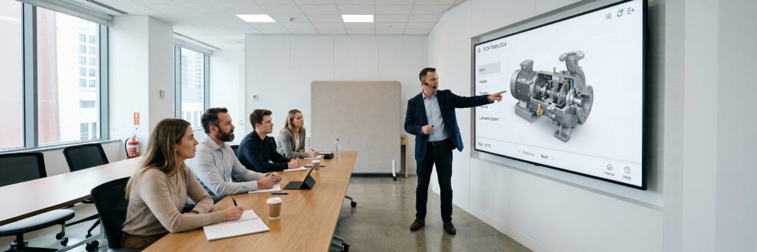 3D animation employee training — instructor presenting interactive digital twin training application to manufacturing team — Penguincil Design