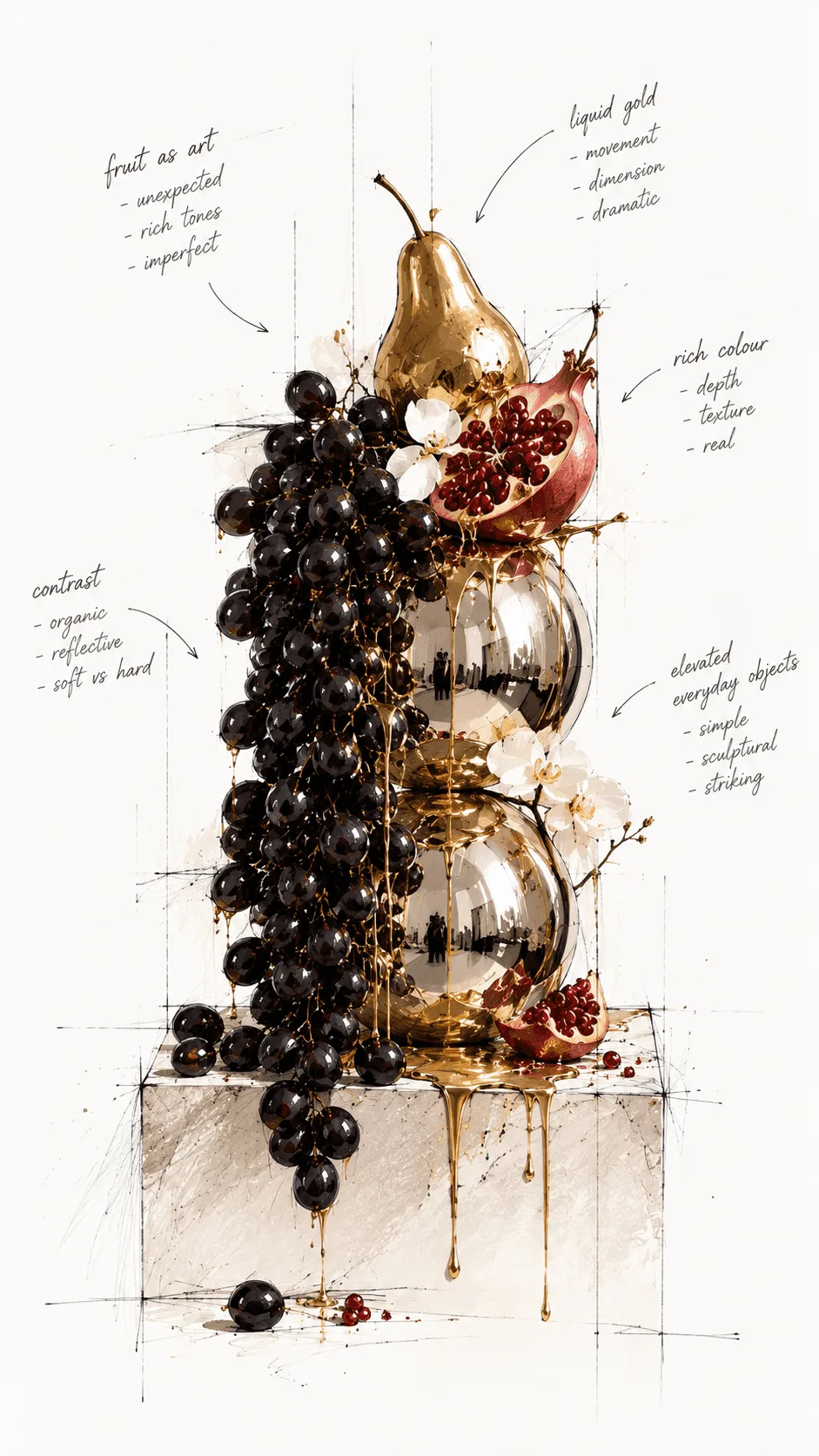 Stacked fruit display with black grapes, a gold pear and pomegranate