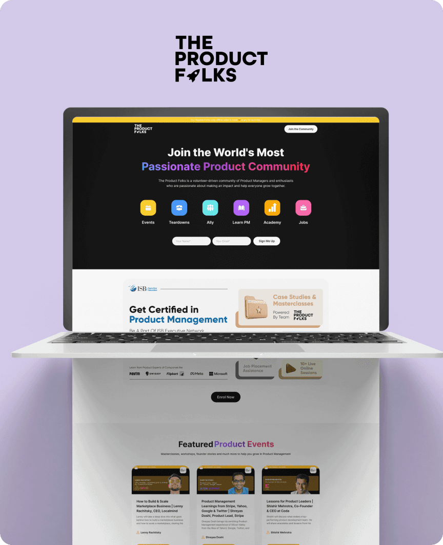 The Product Folks website on a laptop, highlighting product management certification and community engagement.