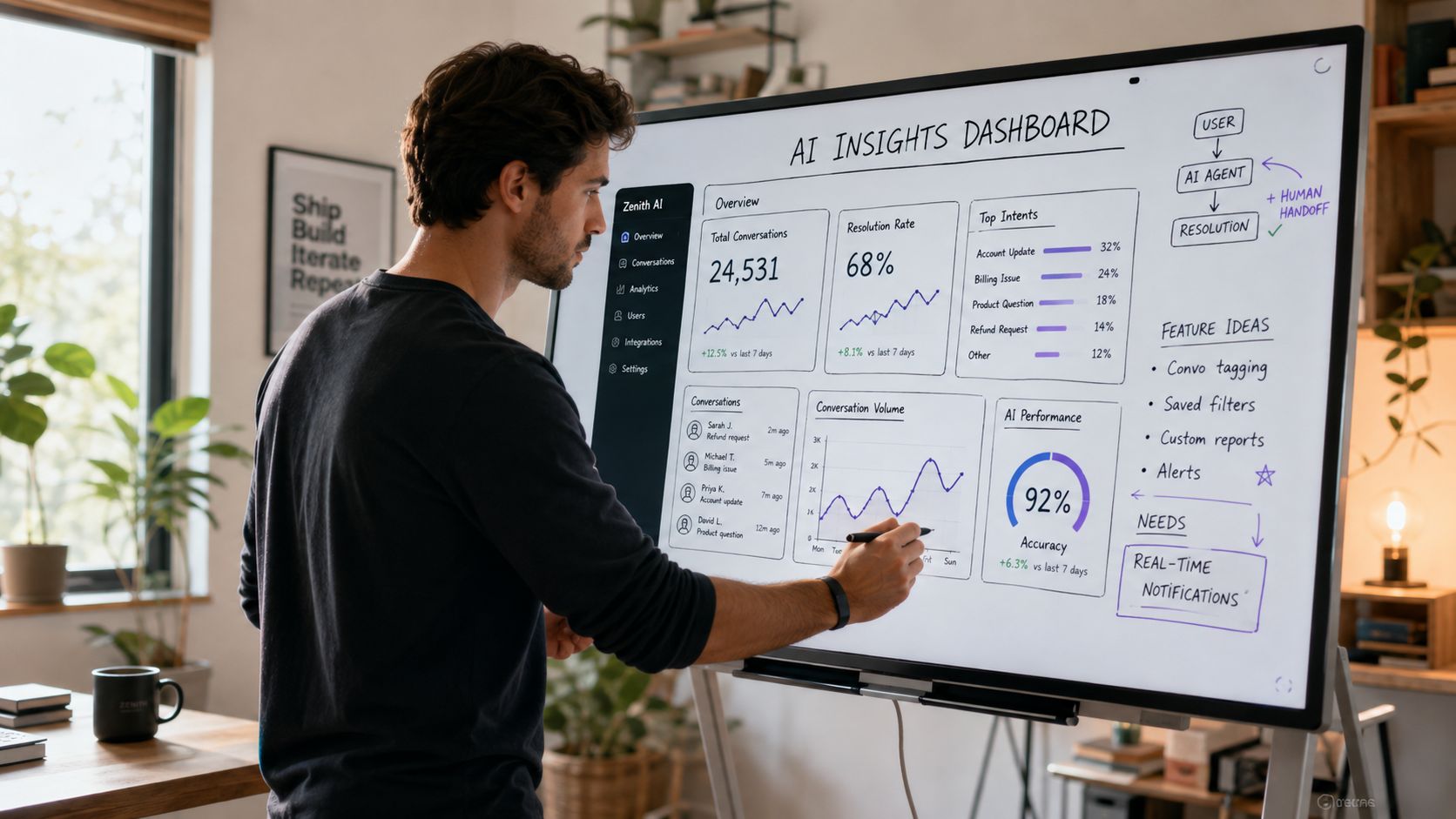 A professional designer using an AI insights dashboard on a large digital screen in an office.