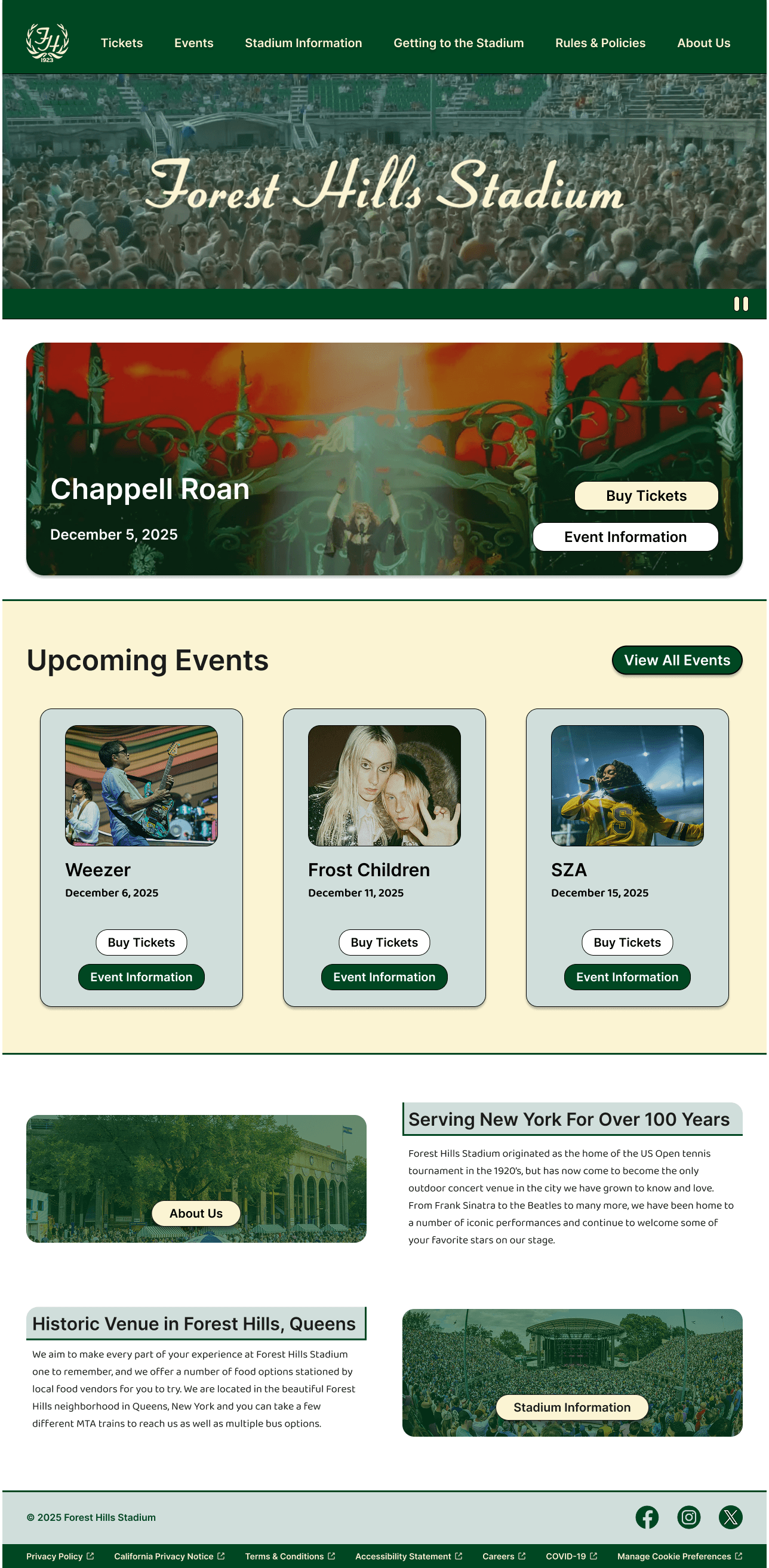 Redesigned Forest Hills Stadium homepage showing Chappell Roan event banner and upcoming concerts