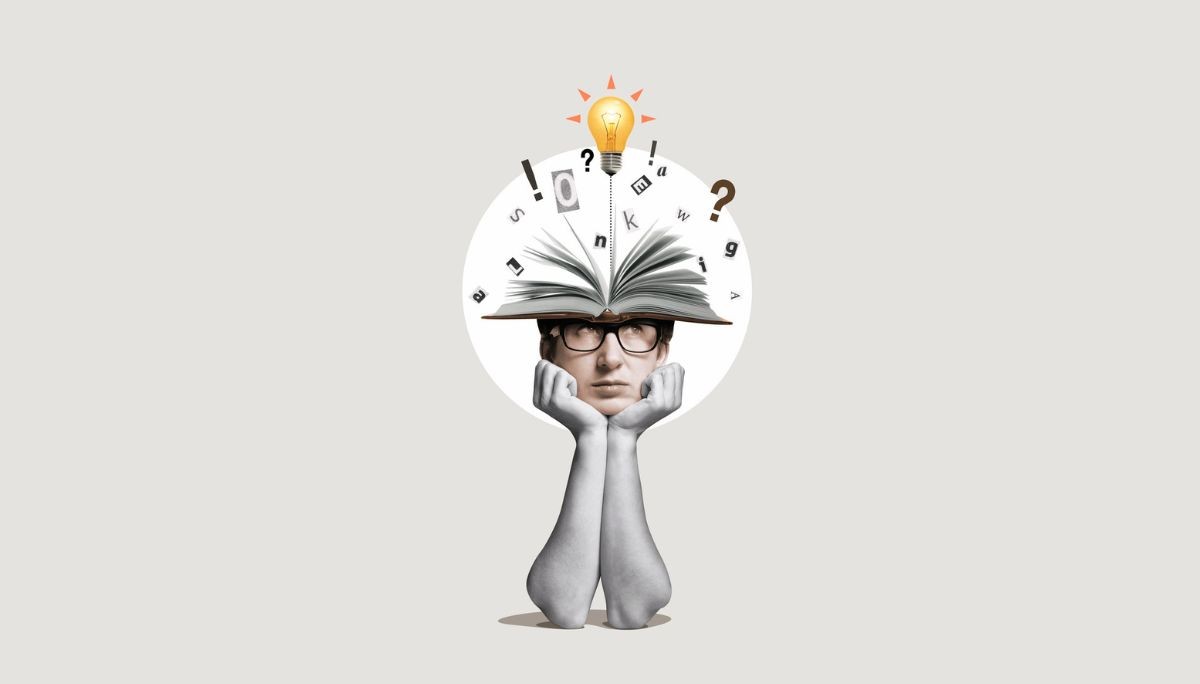 Illustration of stressed individual with layered paper shapes over face, depicting imposter syndrome in the workplace.