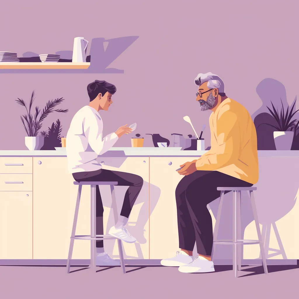 Two people sitting in a kitchen, having a conversation over a meal.