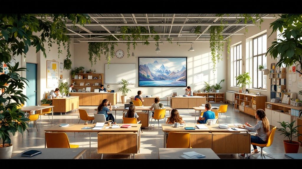 Bright, modern classroom with large windows, hanging plants, wooden desks, and students seated facing a large screen displaying a mountain landscape