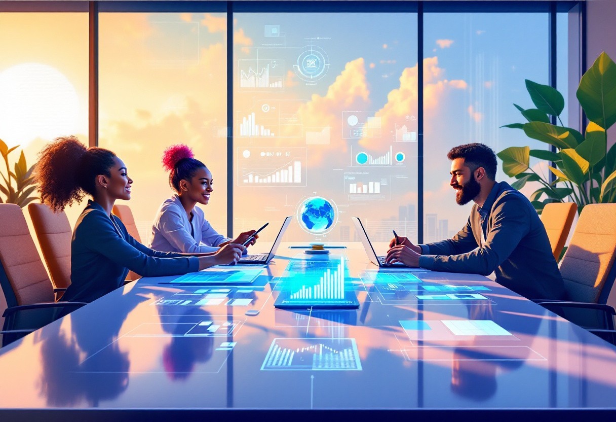 An engaging illustration of financial professionals using AI tools on their computer screens for analysis and collaboration in a modern office environment.