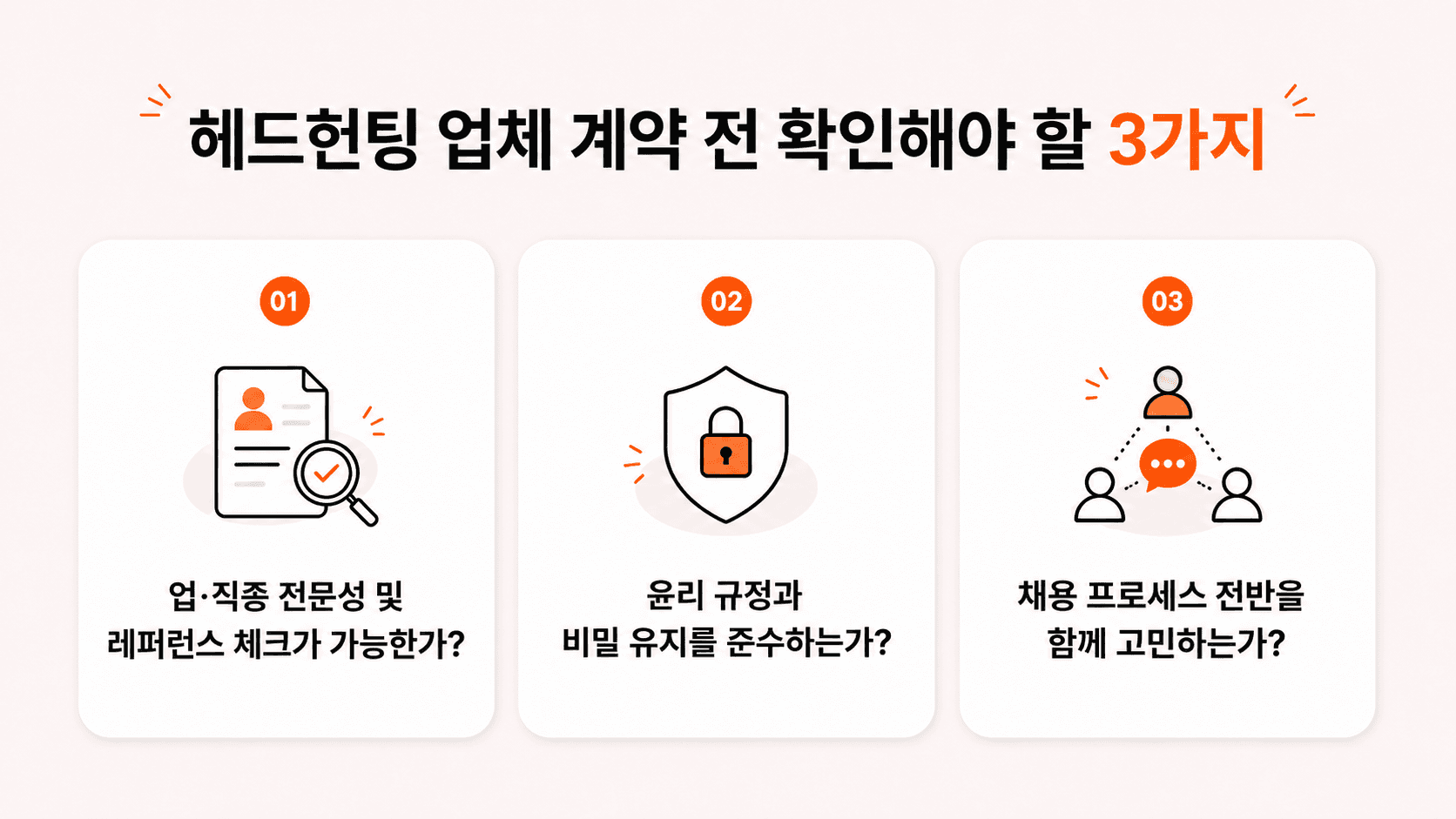 임원 채용을 위해 헤드헌팅 업체 계약 전 확인해야 할 기준을 표현한 인포그래픽 이미지