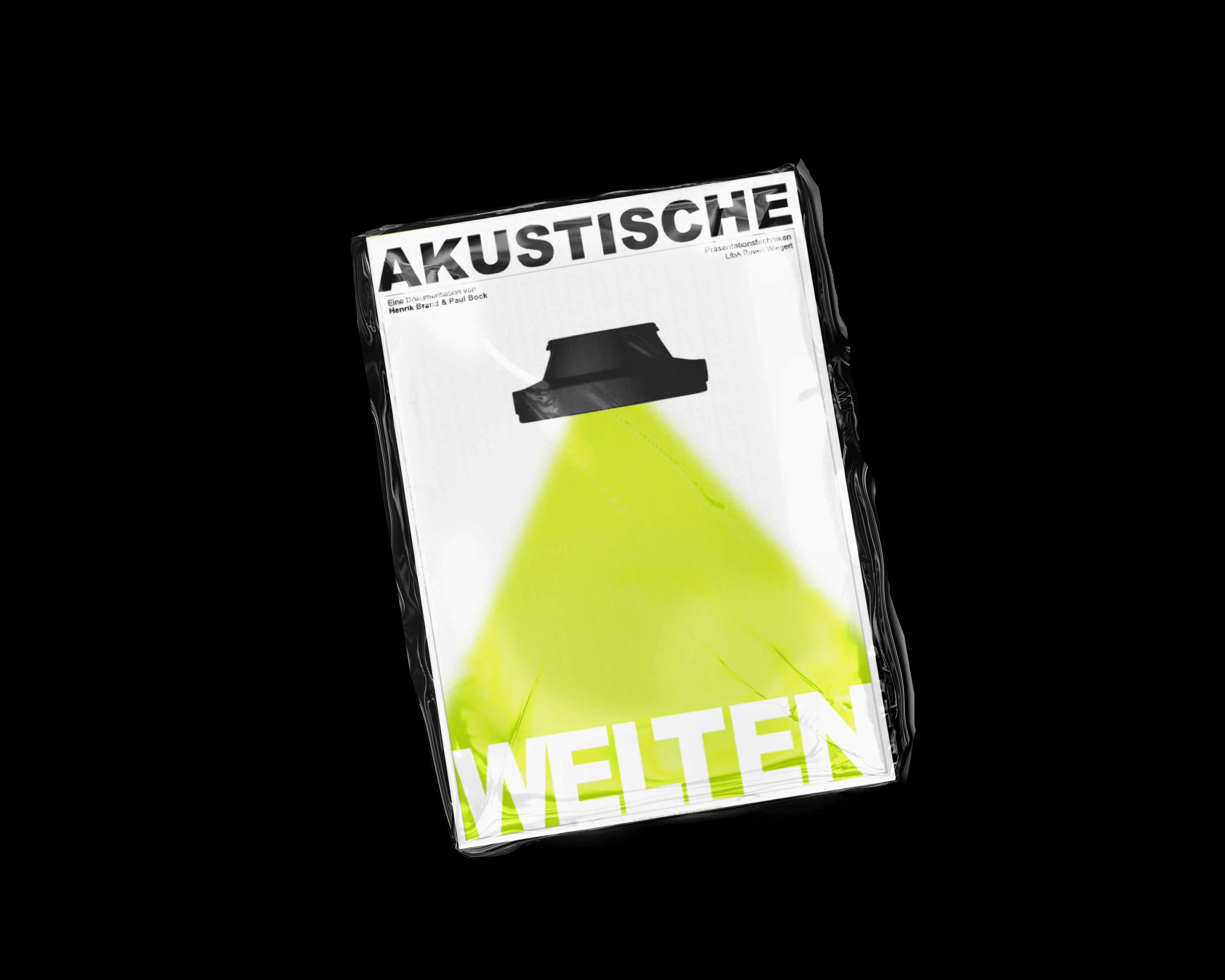 The title page of the documentation: AKUSTISCHE across the top, WELTEN across the bottom, a headphone in the middle throwing a green beam down between the two words