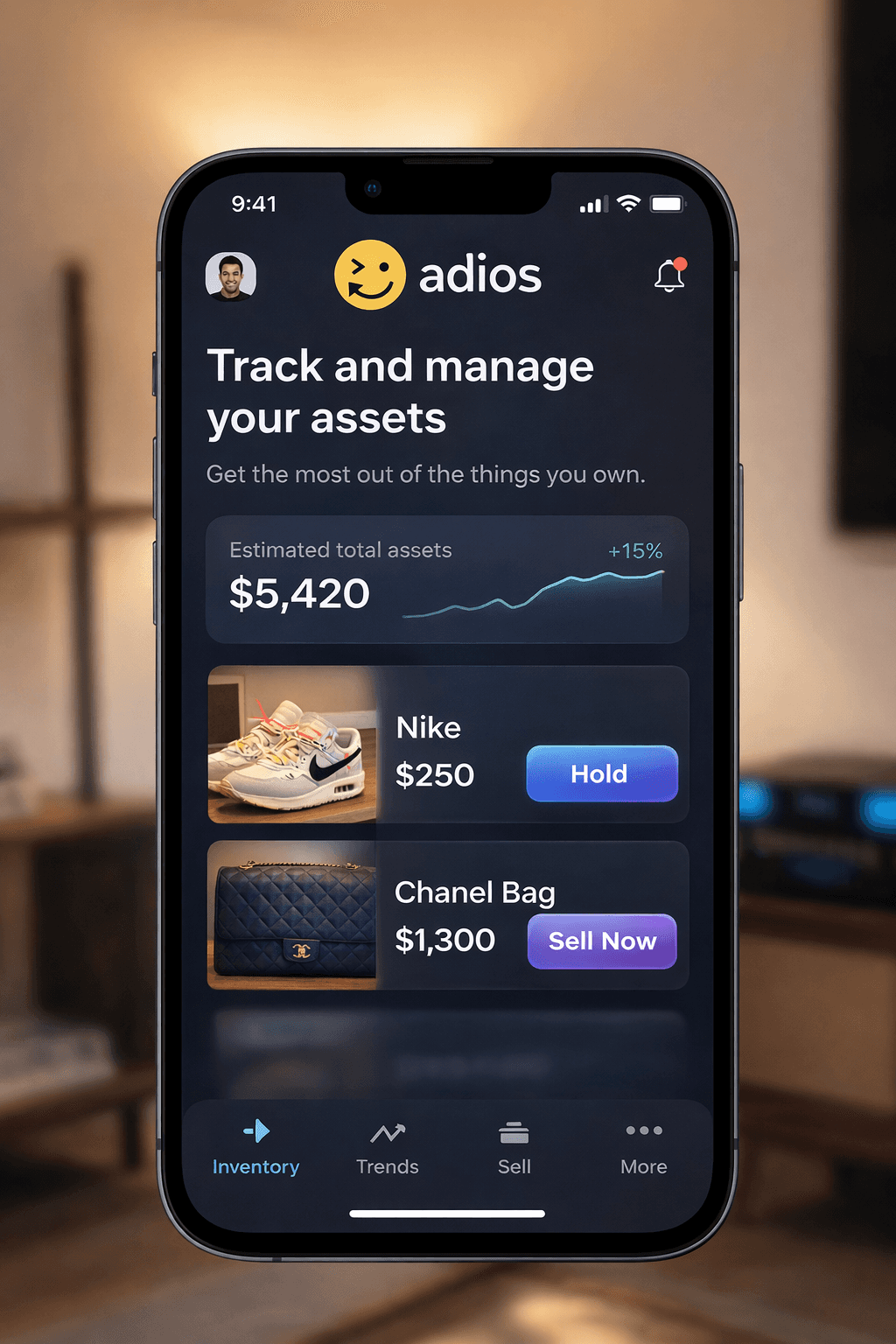 Adios interface showing two inventory items including Nike shoes and a Channel Bag.