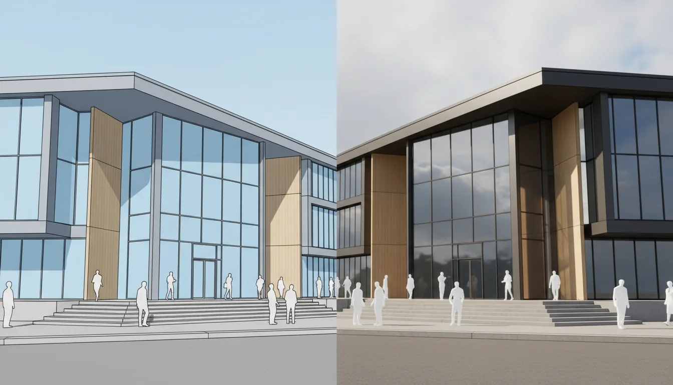 A split-screen 3D render showing an architectural visualization of a modern building. The left side is a SketchUp style 3D model with a cel-shaded look, clean black line art, and flat colors under a pale blue sky. The right side is a high-fidelity, photorealistic V-Ray style render of the same scene, featuring soft global illumination, natural daylight, detailed textures like reflective glass, dark metal beams, and wood paneling, all under a realistic cloudy sky. The scene is a low-angle perspective of the building's entrance, with simplified white silhouette figures on the sidewalk and stairs.