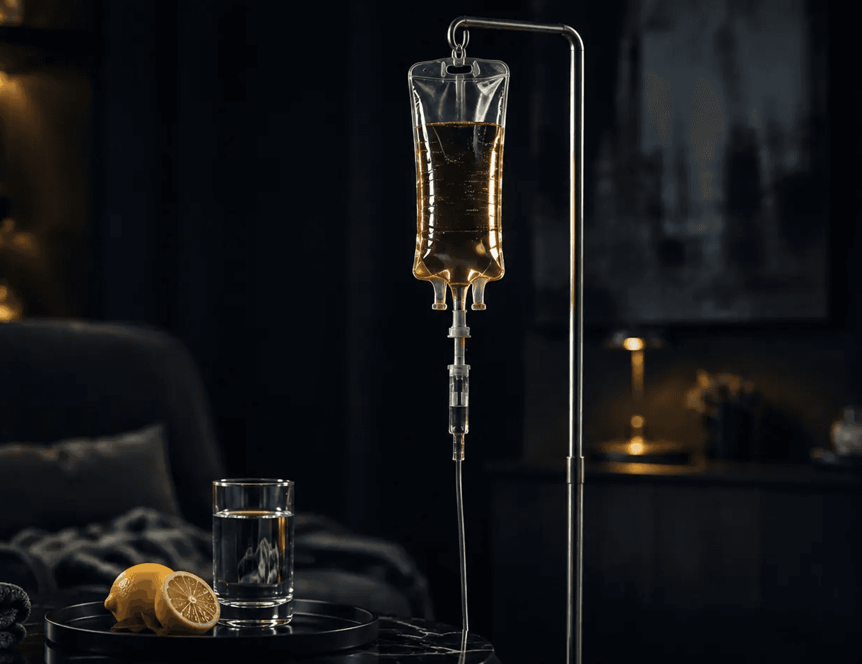 IV drip bag on a stand in a dark lounge beside a glass of water and a lemon