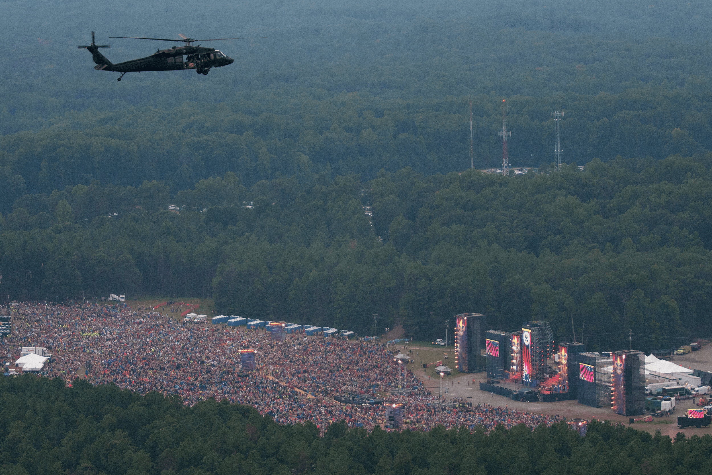 Boy Scouts 100th Anniversary National Scout Jamboree aerial with helicopter filming crowd and stage from above
