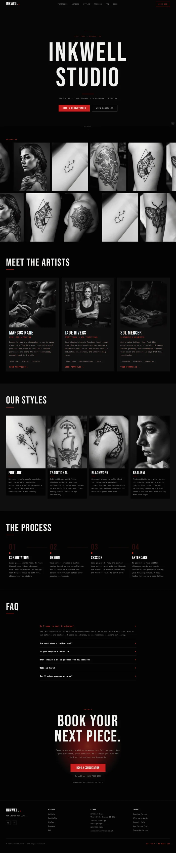 Full page tattoo studio website – glitch headline hero, dual-row portfolio ticker, artist cards, red glow booking CTA