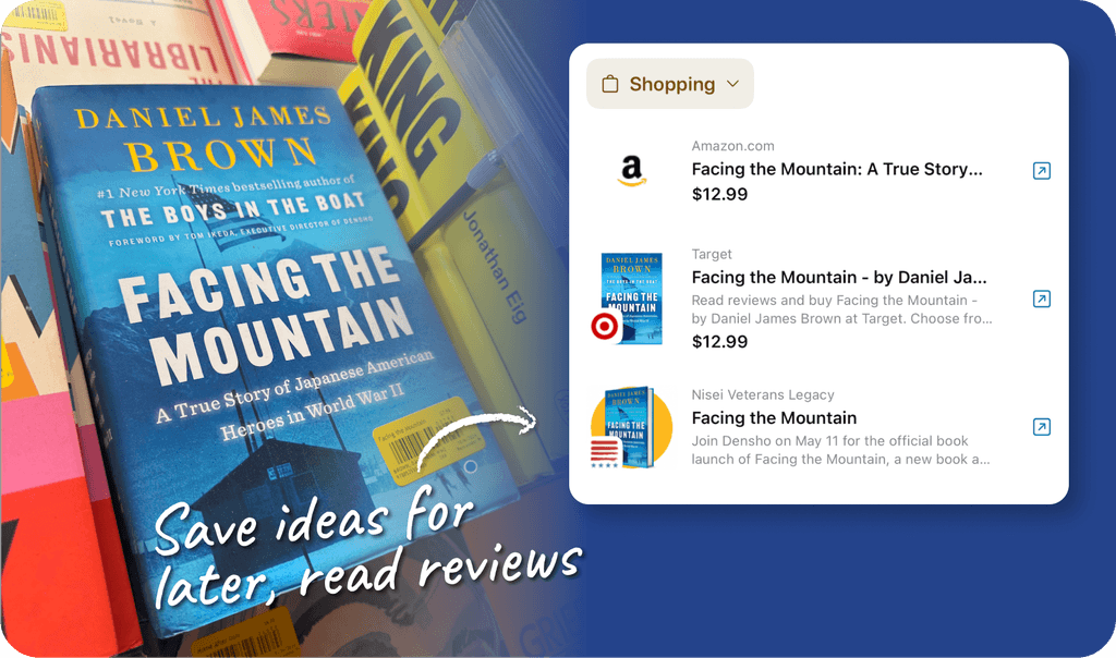 An example use showing a book product snapped with links to buy and find out more online. The headline is 'SAve ideas for later, read reviews'.