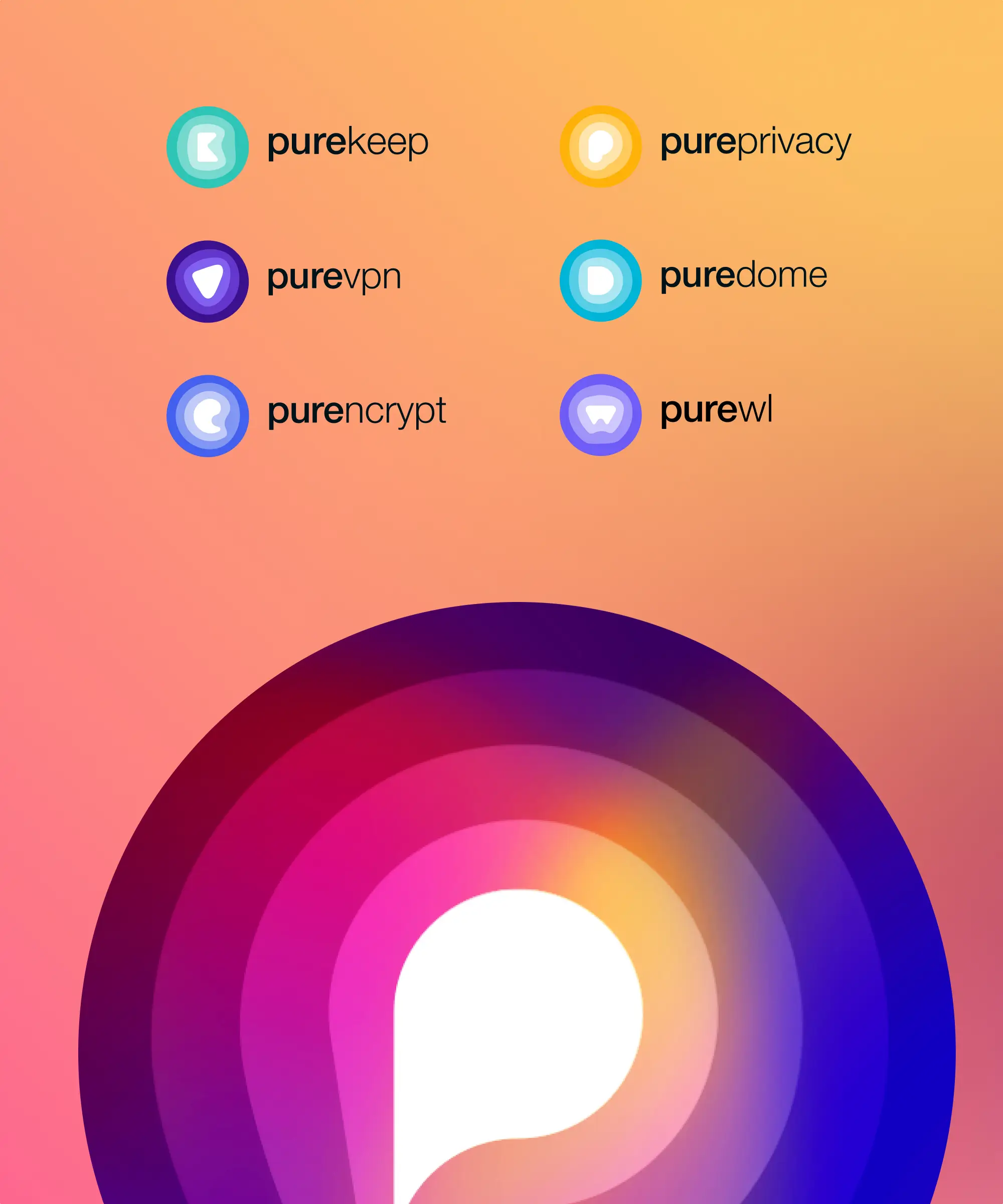 Pure brand family identity system with colorful product logos and icons.