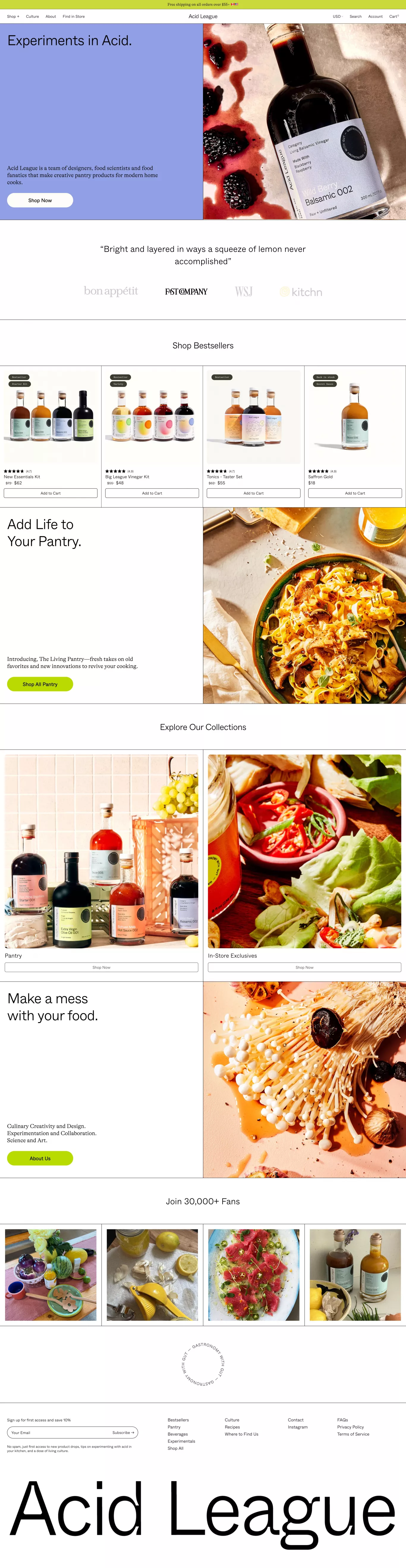 Acid League ecommerce page screenshot showcasing Food & Drinks and Ecommerce design