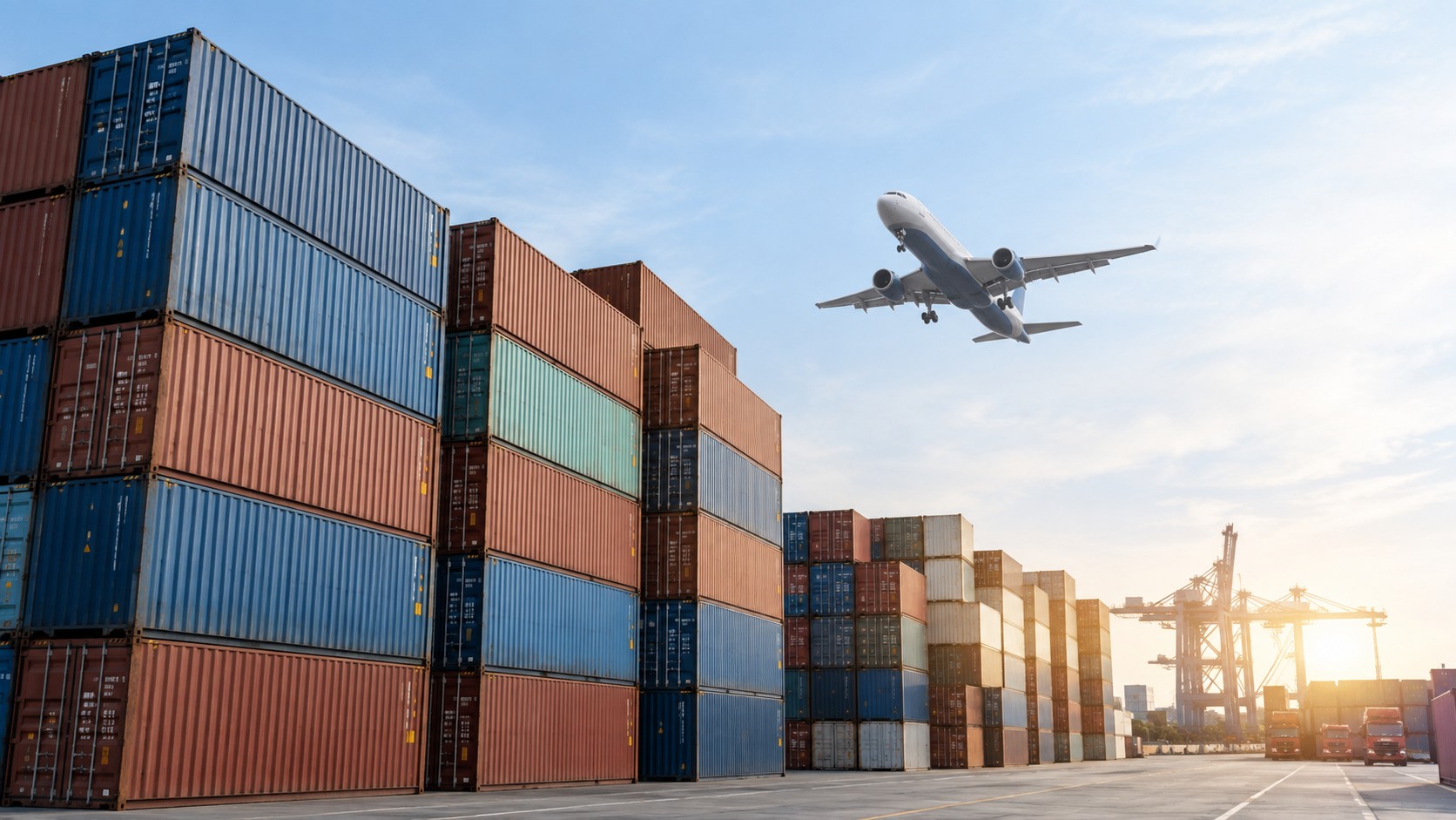Air freight cargo containers at a shipping terminal with an aircraft overhead.