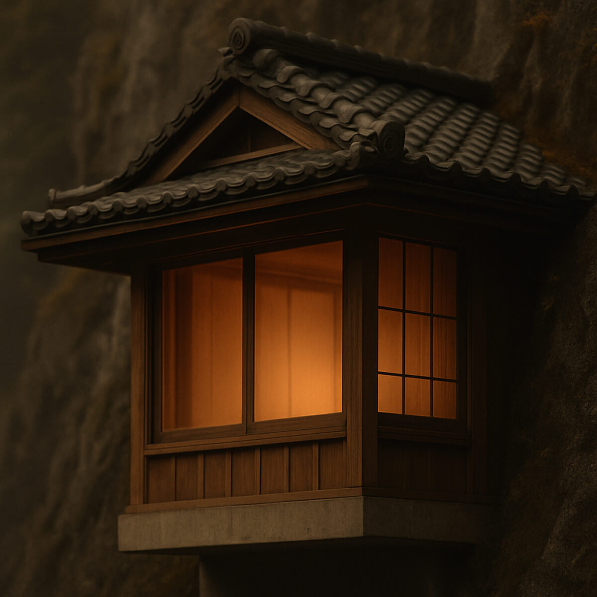 The image depicts an architectural detail of the house, highlighting the traditional tiled roof, warm interior light, and the refined junction between natural rock and crafted structure.