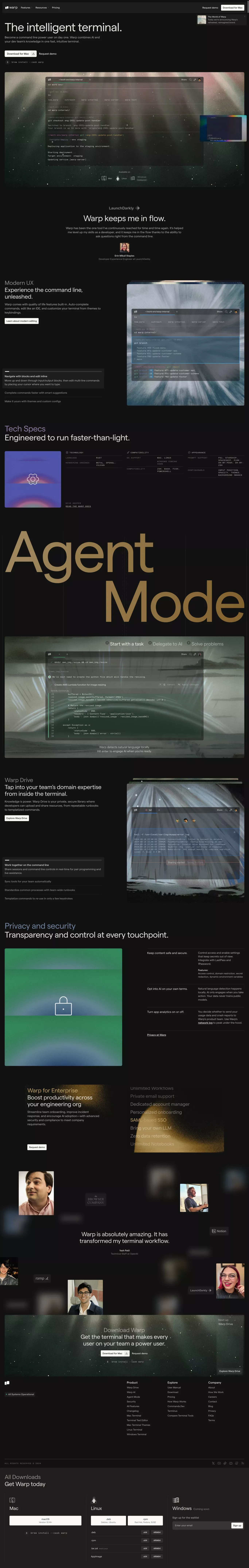 Warp: The intelligent terminal landing page screenshot showcasing AI and Tech design