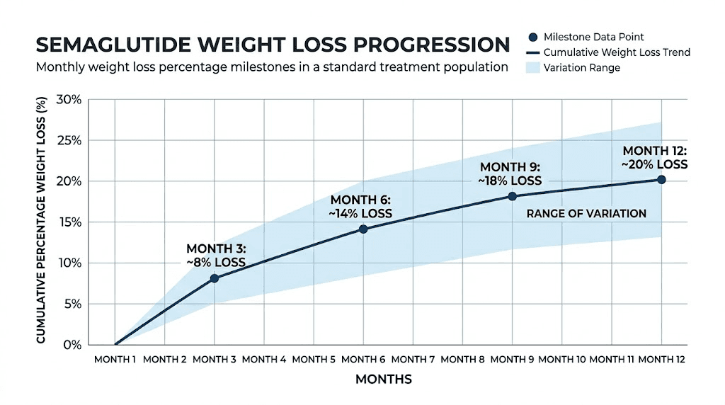 Semaglutide weight loss timeline month by month showing average percentage lost