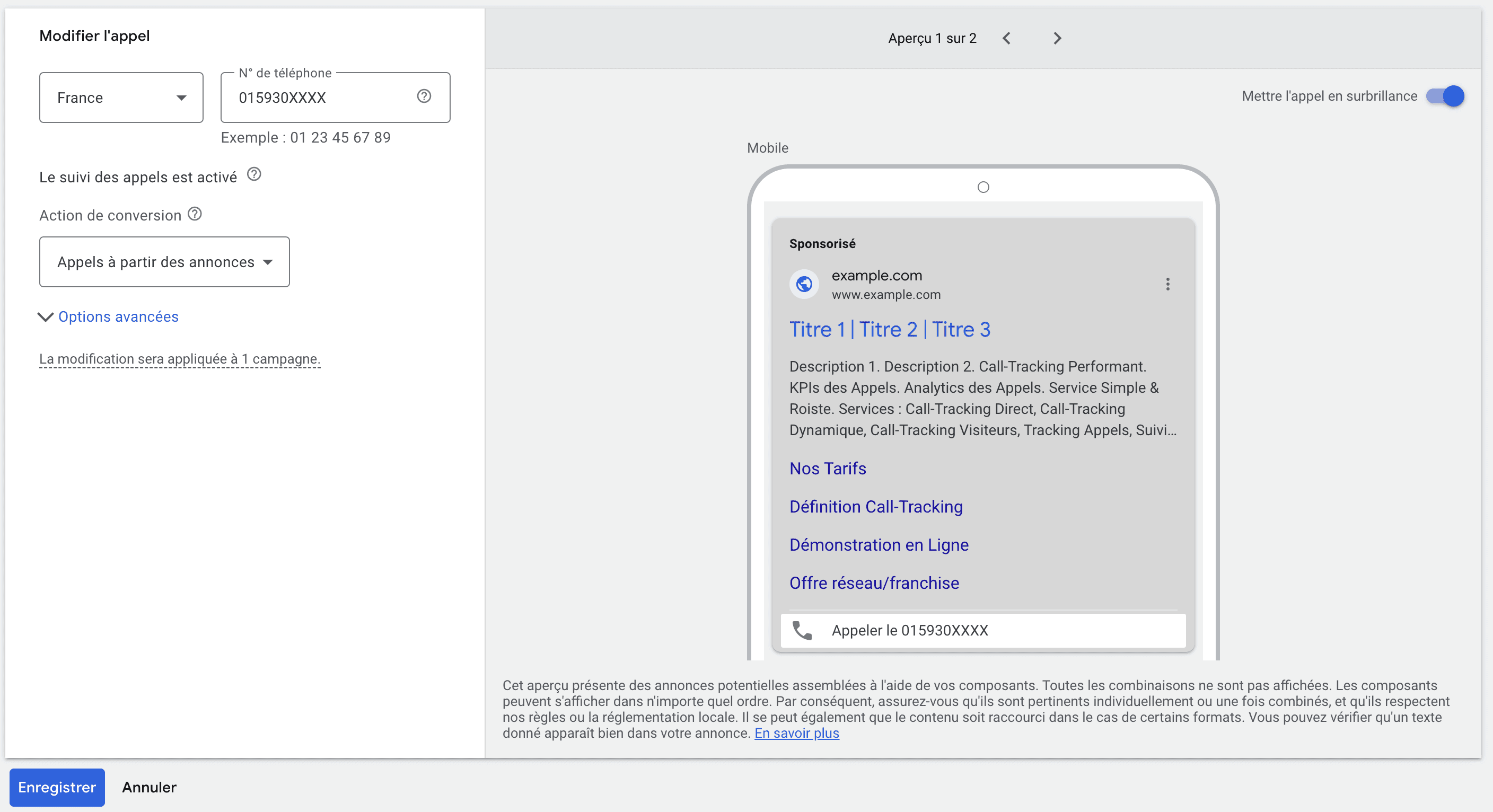 Suivi activé Google Ads