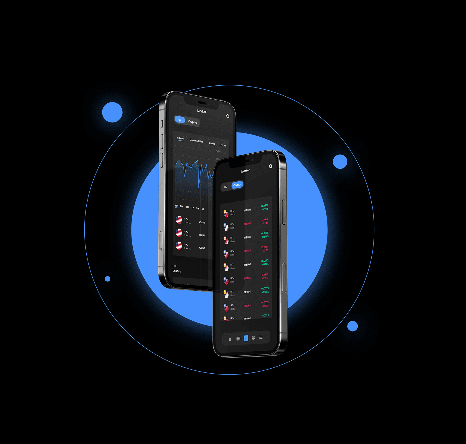Fintech mobile app UI/UX design with dark theme for tracking cryptocurrencies and investments.