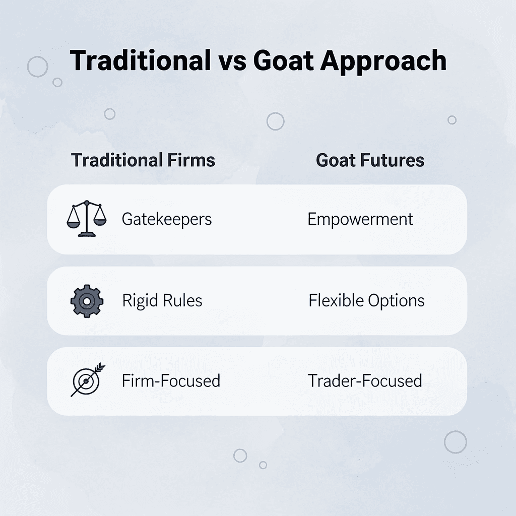Comparison infographic showing traditional prop firms versus Goat Funded Futures approach