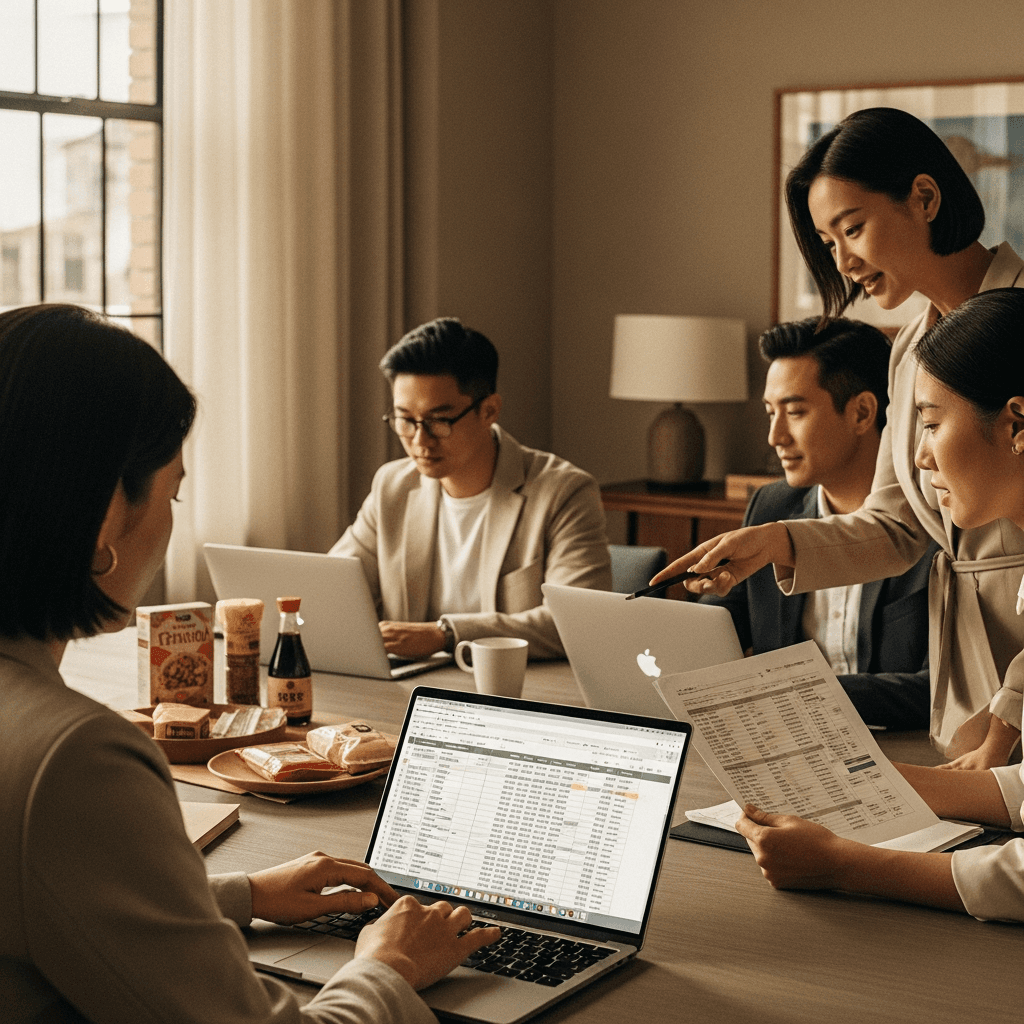 Business team collaborating on laptops and documents around a table.