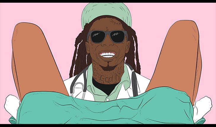 A drawing depicting a smiling African American doctor with sunglasses, Rastafari wigs, a cap and a doctor suit while sitting in front of what seems a woman in labor.