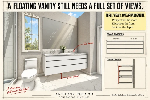 Floating-vanity cover showing two basins, a wide mirror and drawer fronts above an open floor area.