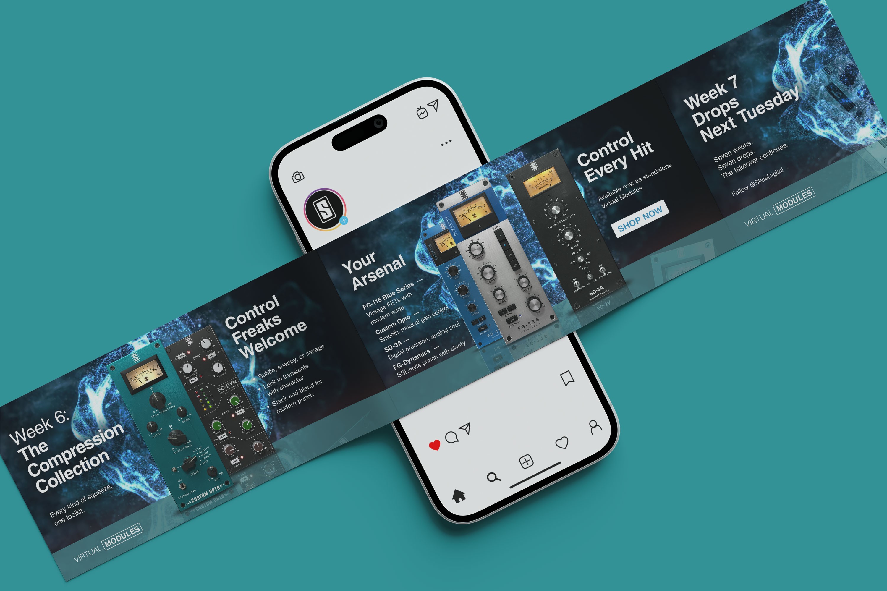 phone and social media carousel from above