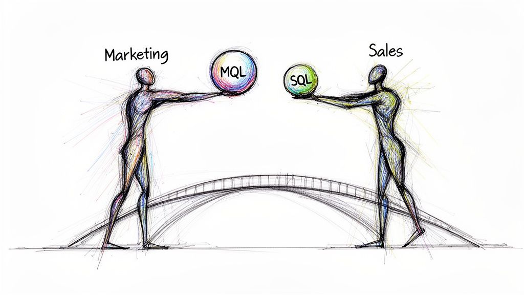 A stylized sketch of Marketing and Sales figures exchanging MQL and SQL globes across a bridge.