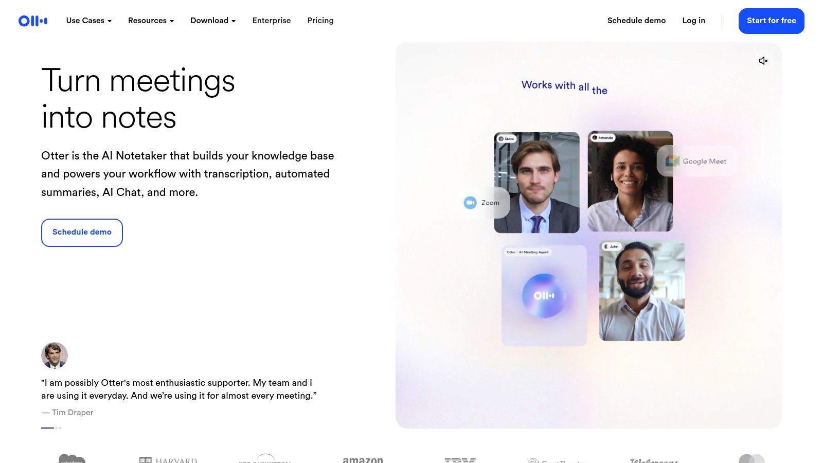Otter.ai user interface showing a meeting transcript with speaker identification and summary.