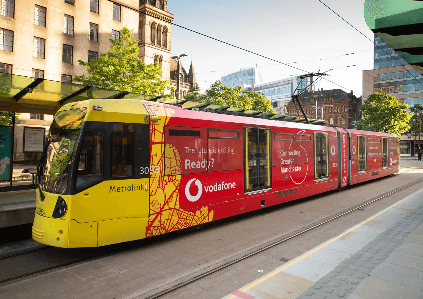 Vodafone sponsored tram in Manchester, UK