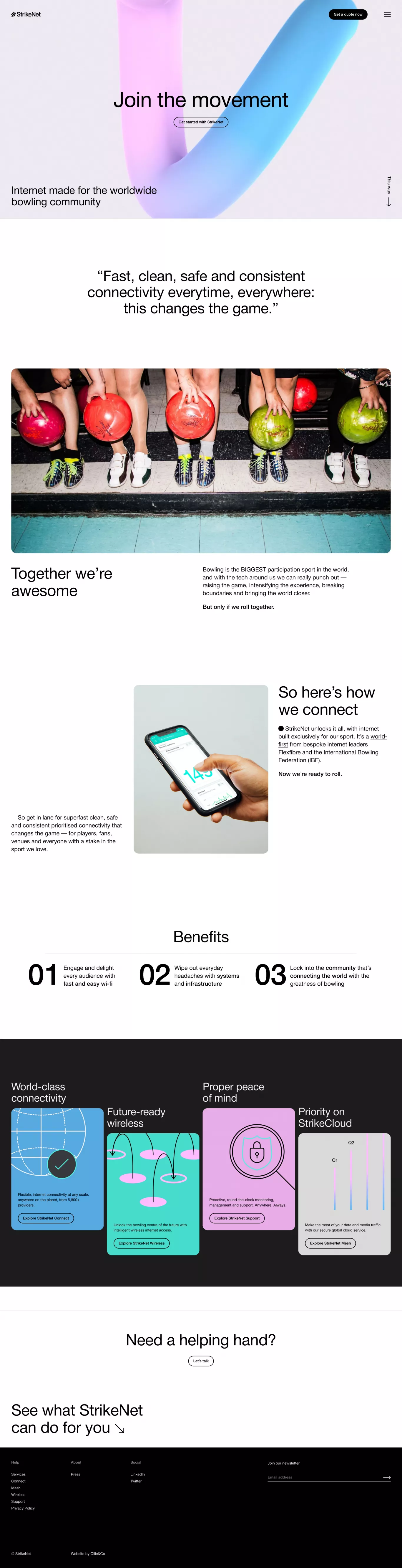 StrikeNet landing page screenshot showcasing Tech and Sport design