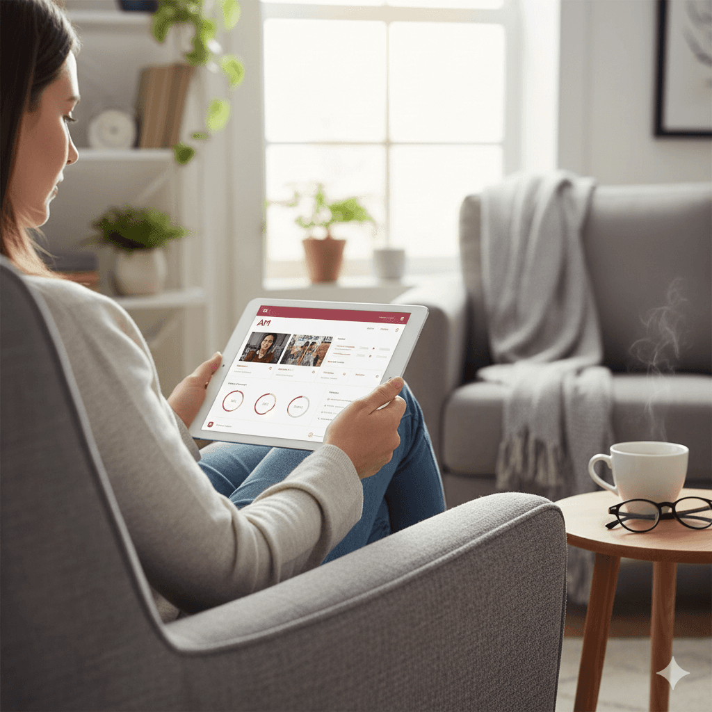 Une cliente consultant ses protocoles de santé et ses capsules éducatives sur une tablette via l'espace membre sécurisé d'Andréanne Martin.