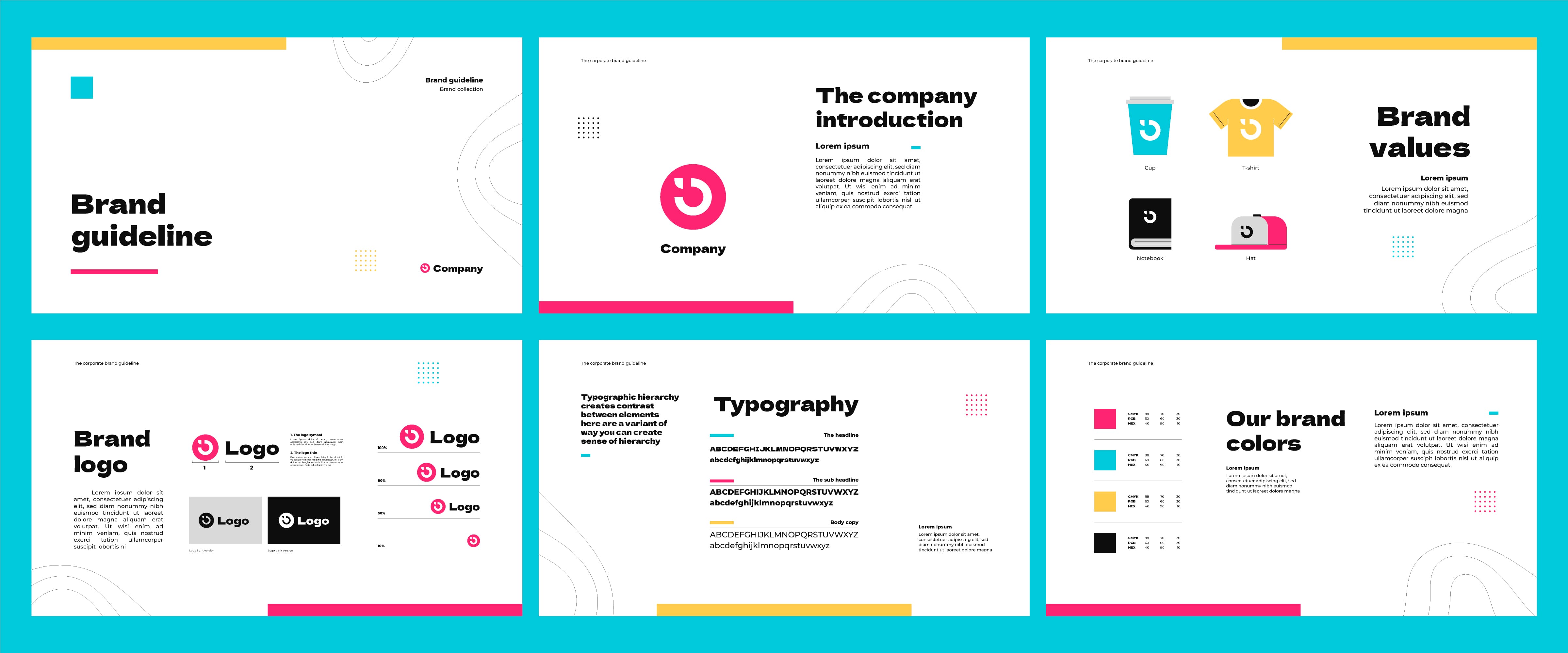 Brand guidelines with typography and color swatches