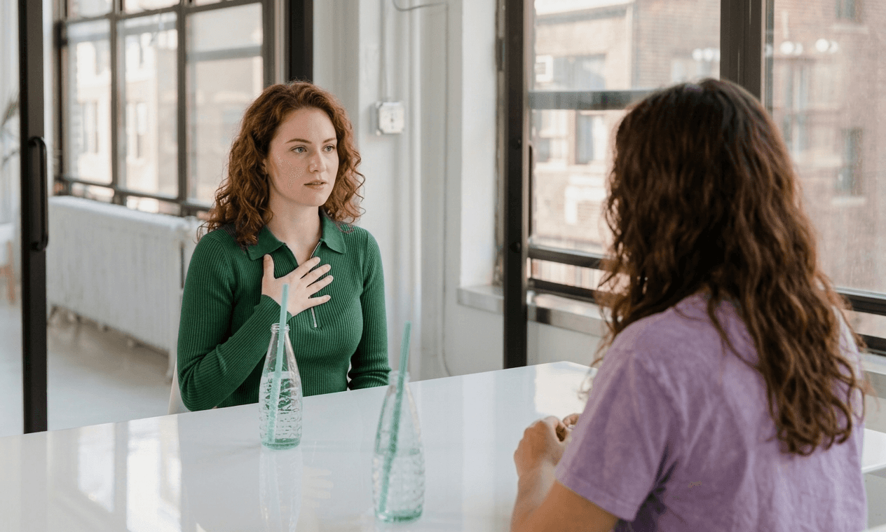 Two women having a conversation while seated across from each other indoors