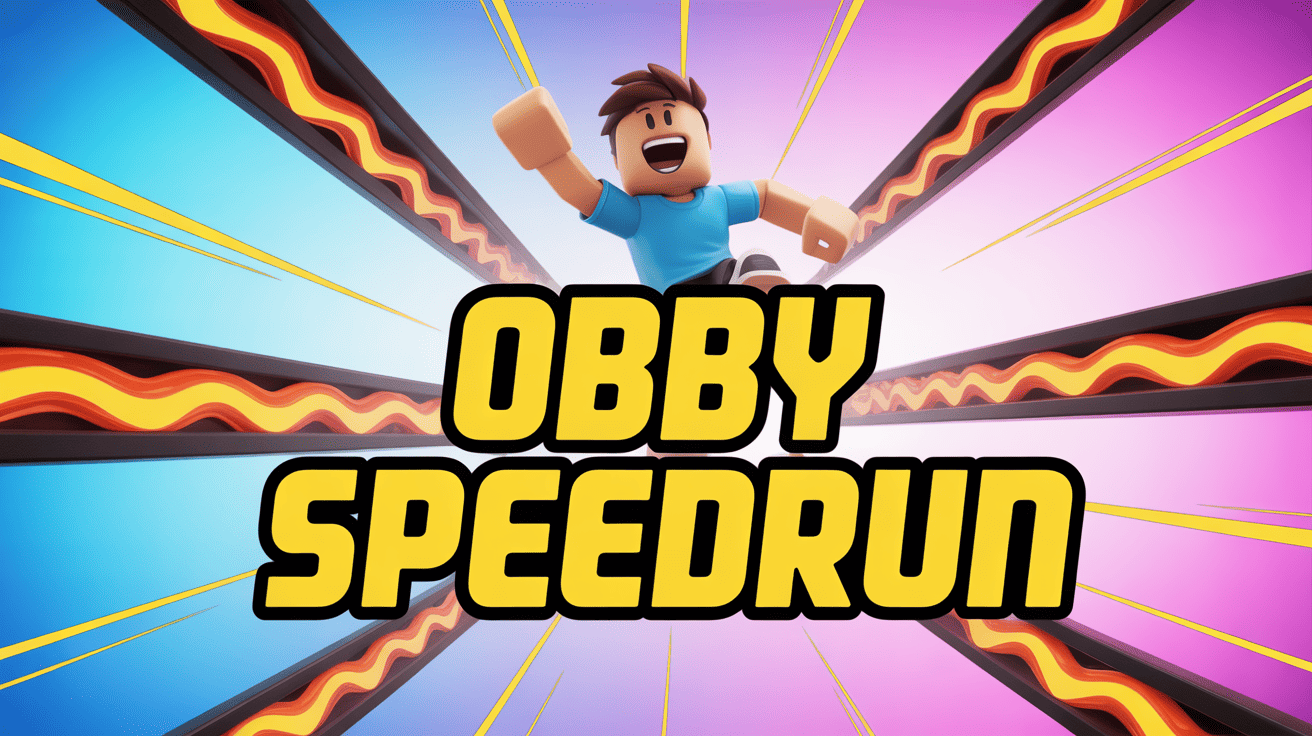Roblox avatar leaping through neon obstacle course with OBBY SPEEDRUN headline and lava traps