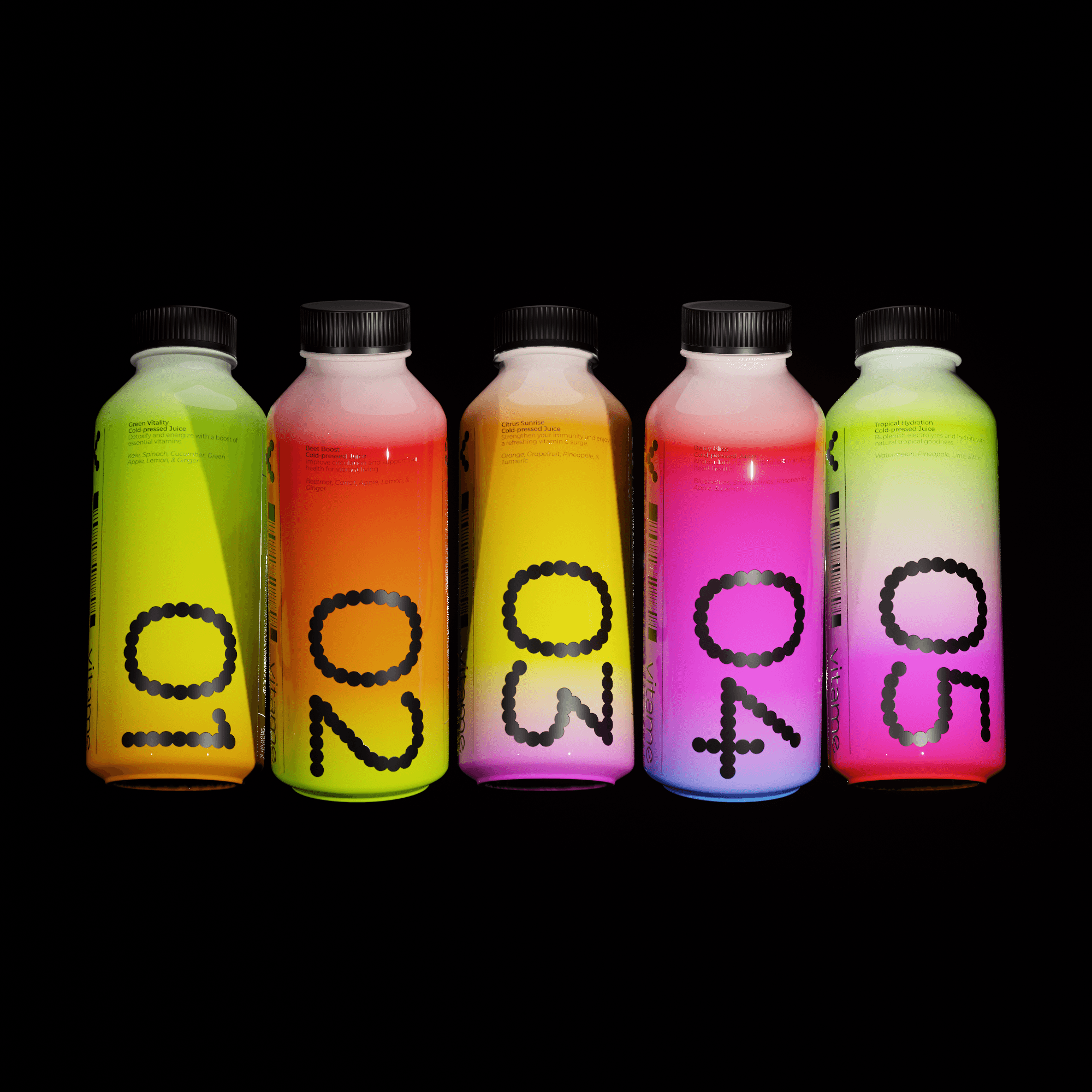 Five vibrantly colored juice bottles against a plain black background.