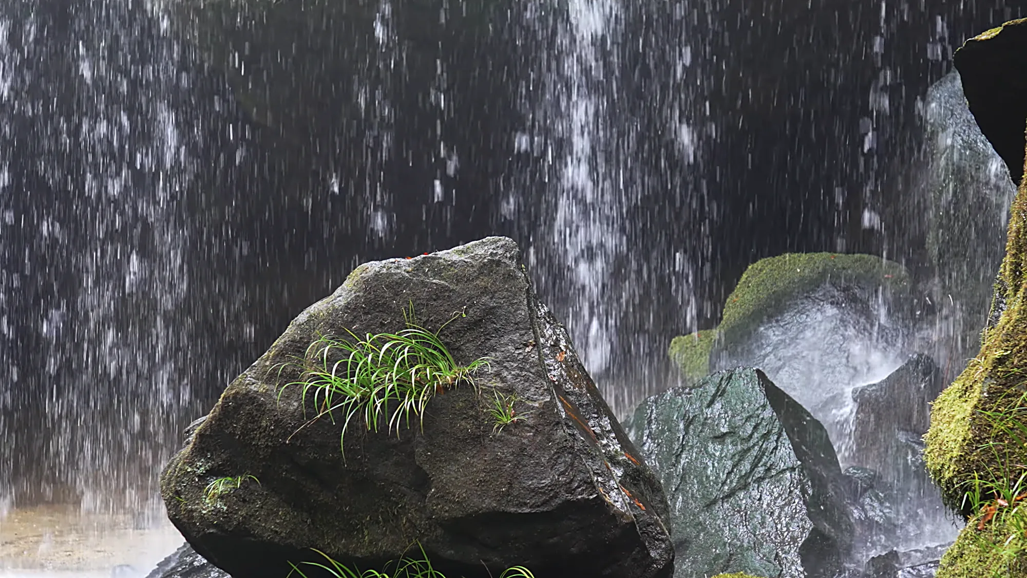 A waterfall running onto boulders and ferns near Kurokawa Onsen