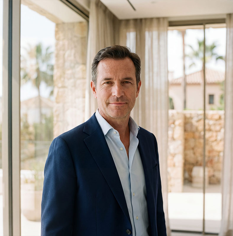Real estate advisor portrait in luxury Marbella villa setting