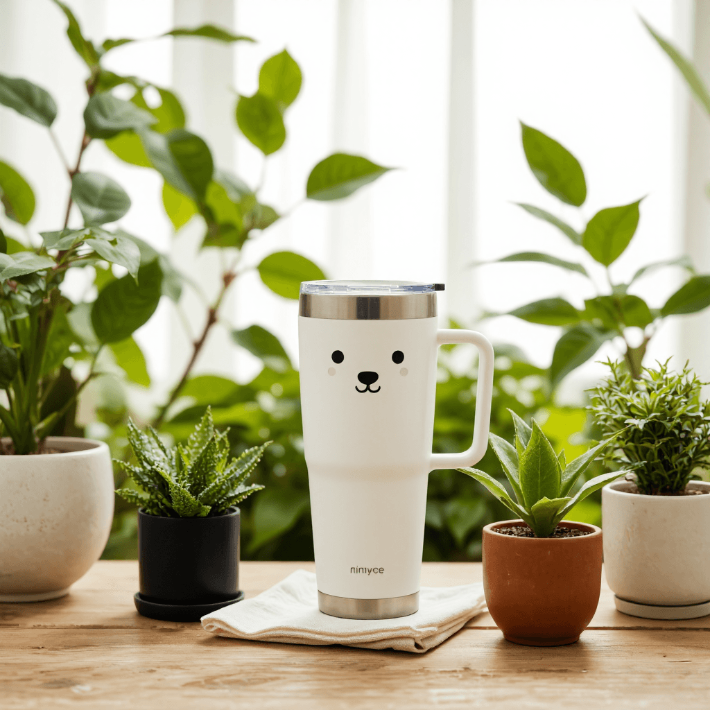 product photography of a travel mug with a cute animal design, used for beverages