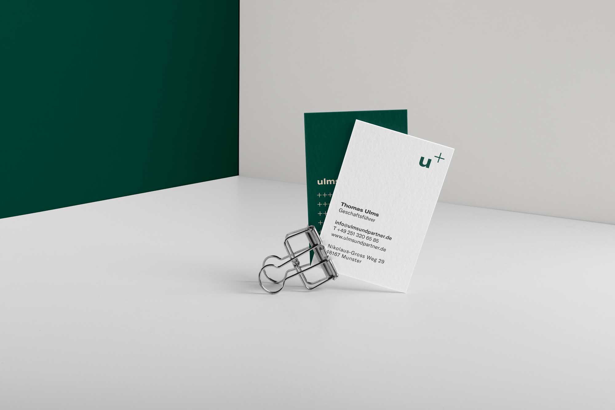 Briefpapier und Visitenkarten für Ulms + Partner – seriöses Design mit Farbwelt in Grün