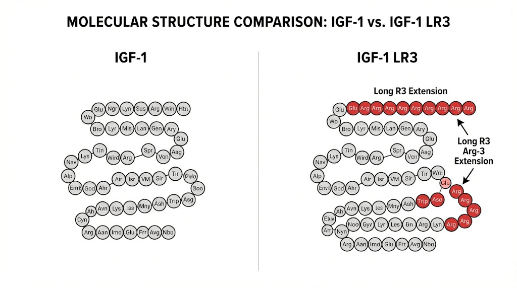 IGF-1 LR3 molecular structure compared to natural IGF-1