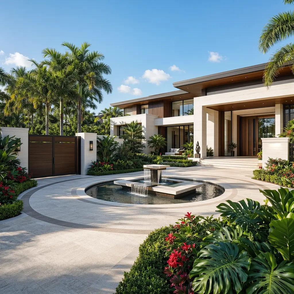 Grand entrance of a modern luxury Pinecrest estate featuring a circular driveway with a tiered water fountain, lush tropical landscaping, tall palm trees, and a large private wooden gate