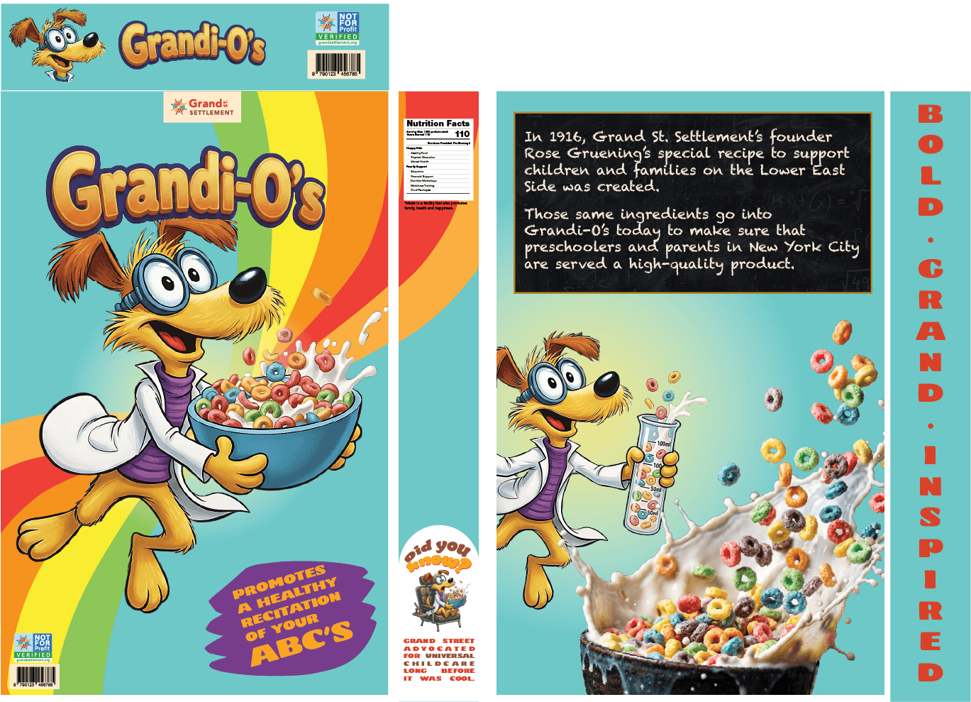Whimsical cereal box design for Grandi-O’s cereal with playfully written nutrition facts and product history. Front of box depicts an illustrated dog scientist eating a bowl of cereal, with messaging that promotes Grand Street’s educational tools for children. Detailed text description follows below. 
